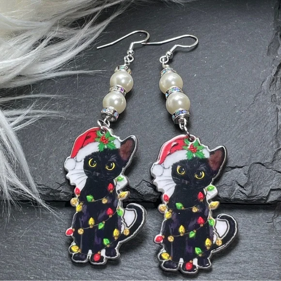 SOLD Holiday Festive Black Cat Christmas And Santa Clause Hat Earrings - Picture 3 of 8